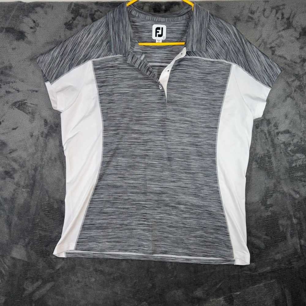 Womens Large FootJoy Golf Polo Grey White Excellent Space Dye Short Sleeve Top